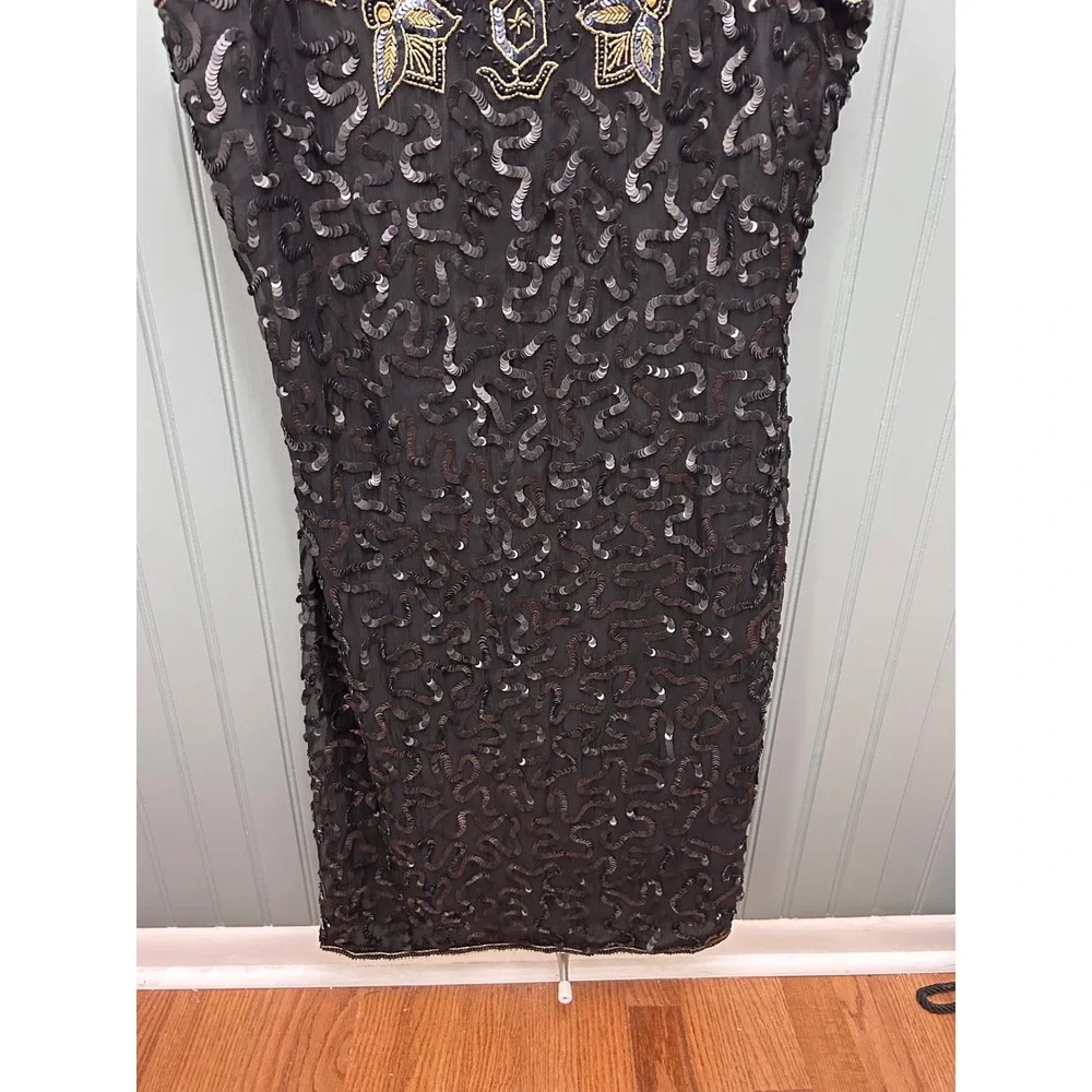 Jewel Queen Vintage‎ Black Silk Sequin Beaded Cocktail Dress Womens Medium Gold